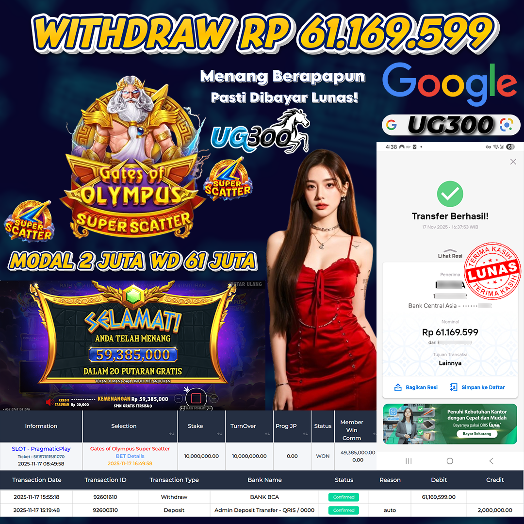 UG300 BERMAIN DI GATES OF OLYMPUS SUPER SCATTER JACKPOT TANPA HENTI  Rp.61,159,599- DI BAYAR TUNTAS